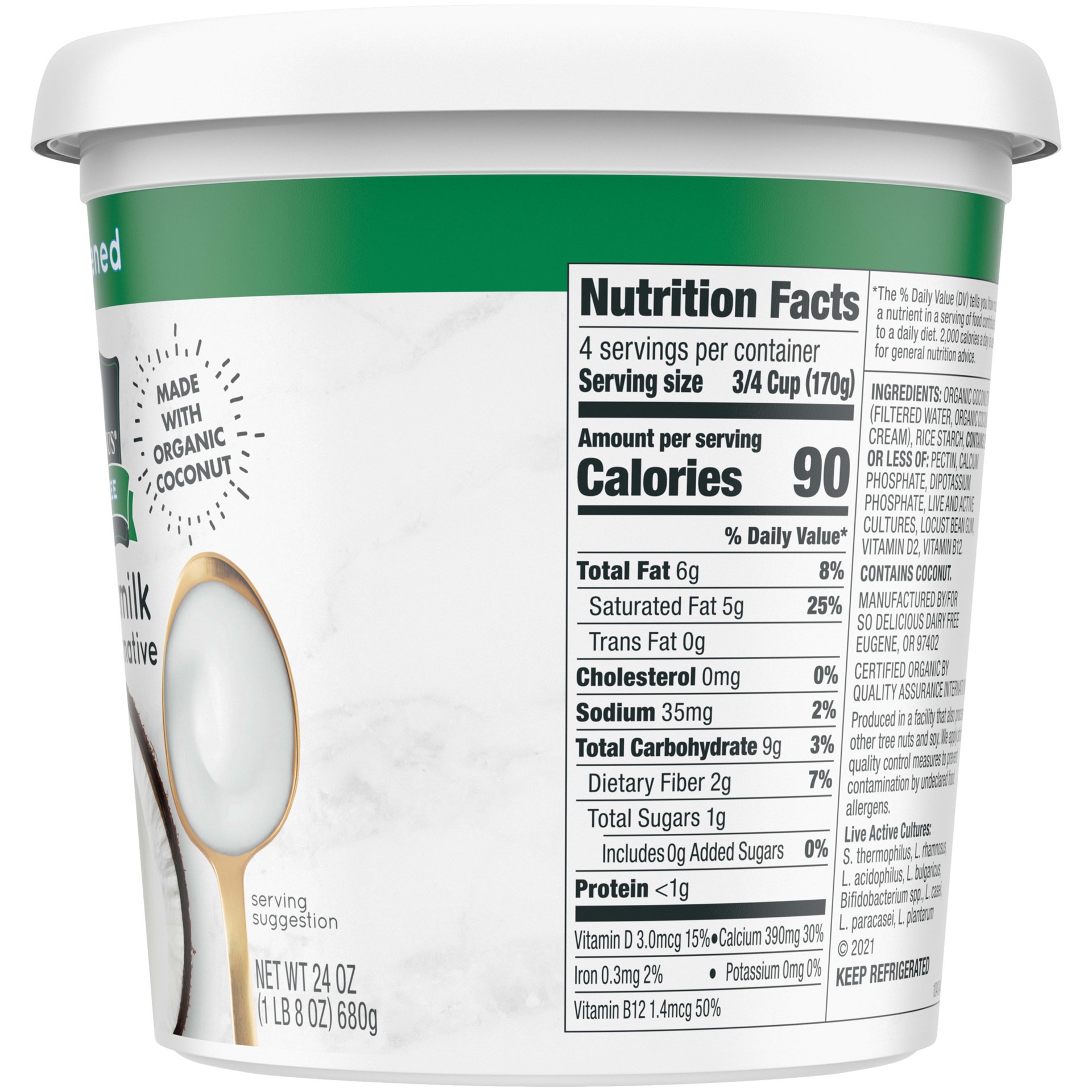 slide 3 of 5, So Delicious Dairy Free Coconut Milk Yogurt Alternative, Unsweetened, Plain, Vegan, Gluten Free, Non-GMO, Creamy Plant Based Yogurt Alternative, 24 oz Container, 24 oz