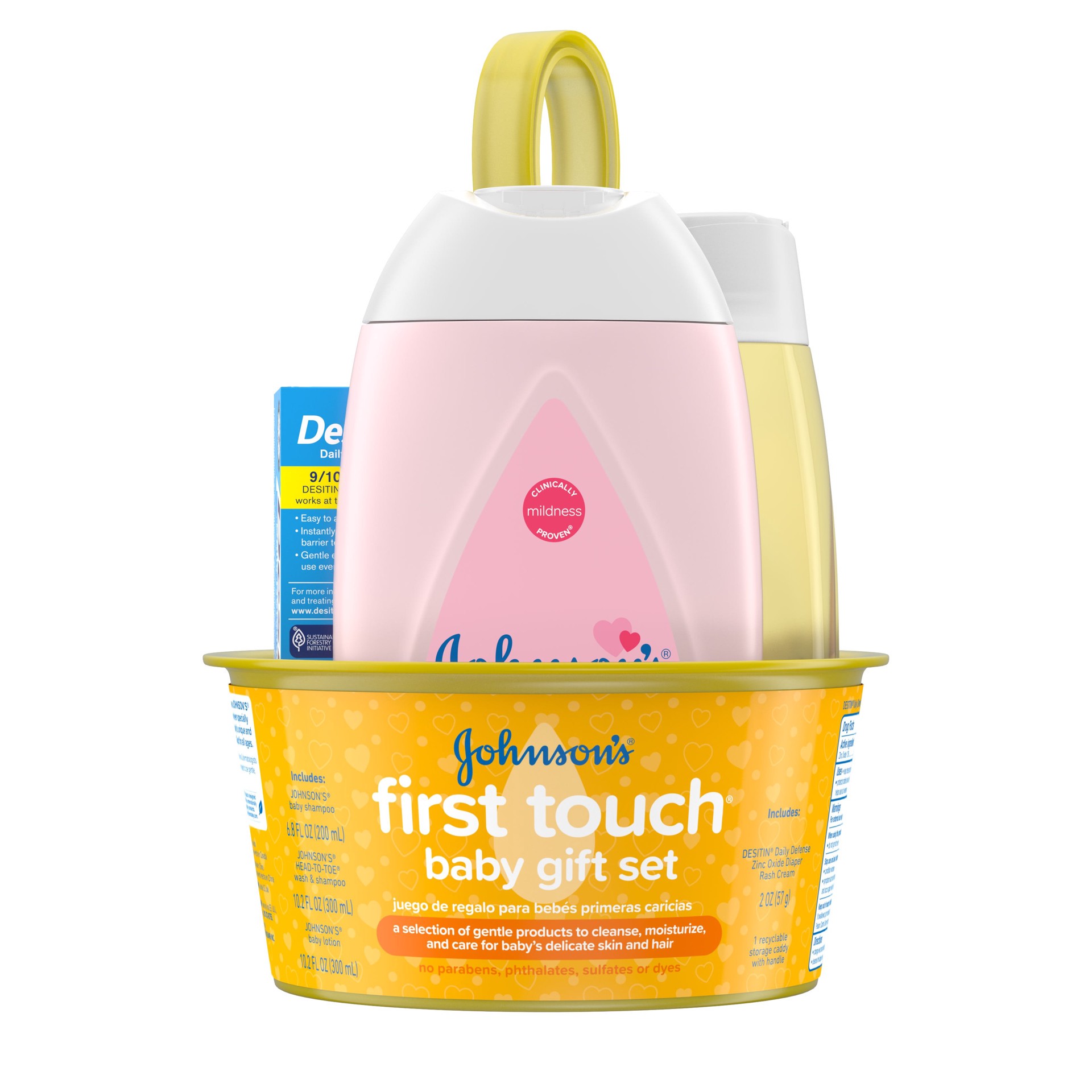 slide 1 of 5, Johnson's First Touch Baby Gift Set, Baby Bath, Skin, & Hair Essential Products, Kit for New Parents with Wash, Shampoo, Lotion, & Diaper Rash Cream, Hypoallergenic & Paraben-Free, 5 items, 1 ct