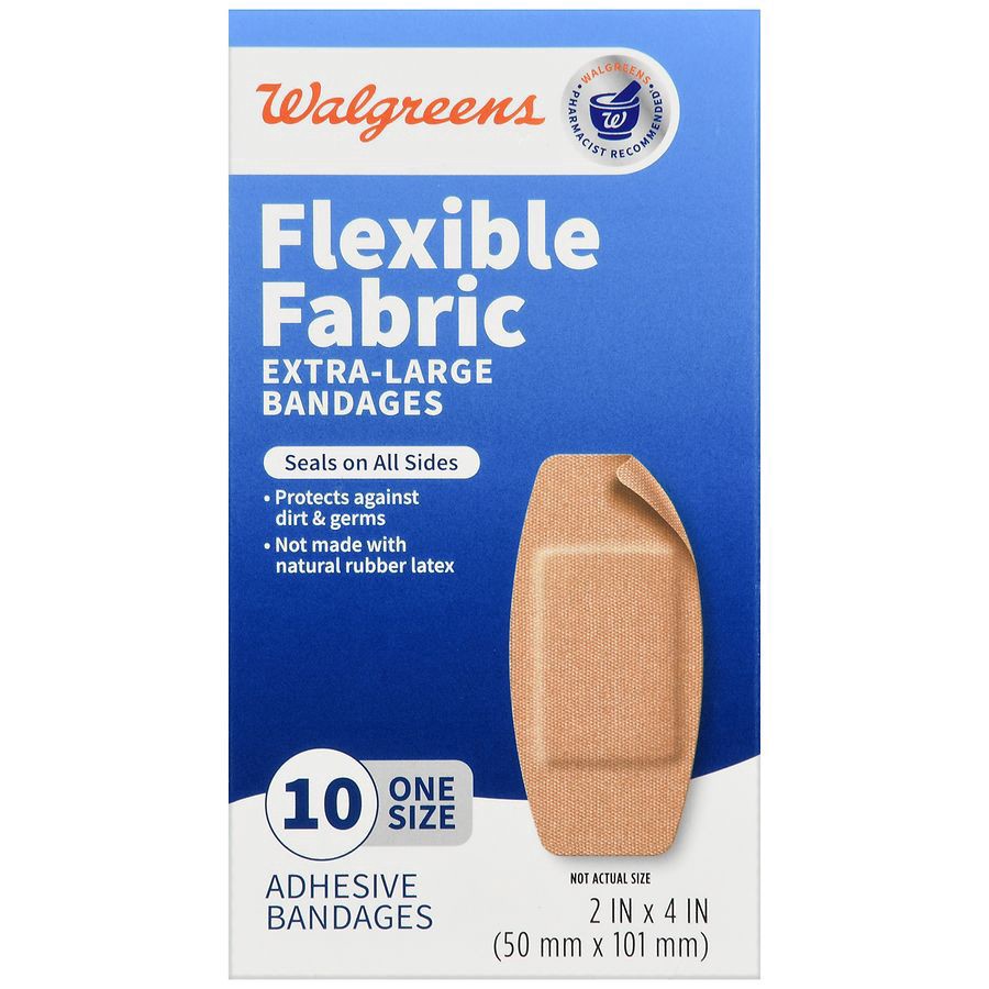 slide 5 of 5, Walgreens Extra Large Flexible Fabric Adhesive Bandages 10 Count, 2 in x 4 in