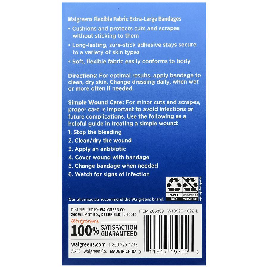 slide 4 of 5, Walgreens Extra Large Flexible Fabric Adhesive Bandages 10 Count, 2 in x 4 in