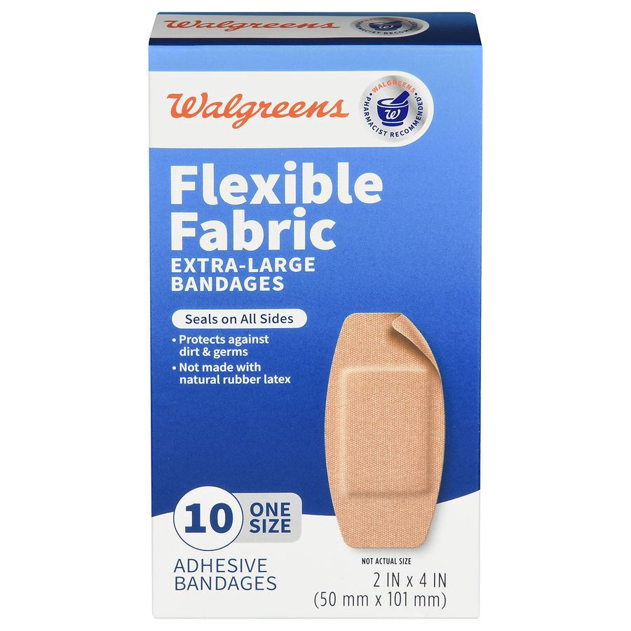slide 1 of 5, Walgreens Extra Large Flexible Fabric Adhesive Bandages 10 Count, 2 in x 4 in