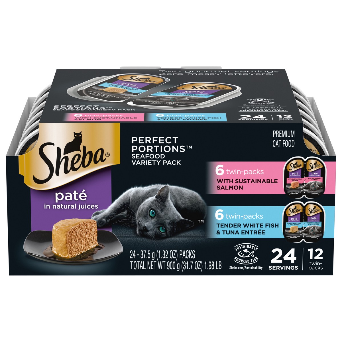 slide 1 of 3, Sheba Perfect Portions Pate in Natural Juices with Sustainable Salmon/Tender White Fish & Tuna Entree Cat Food Seafood Variety Pack 24 - 37.5 g Packs, 2.6 oz