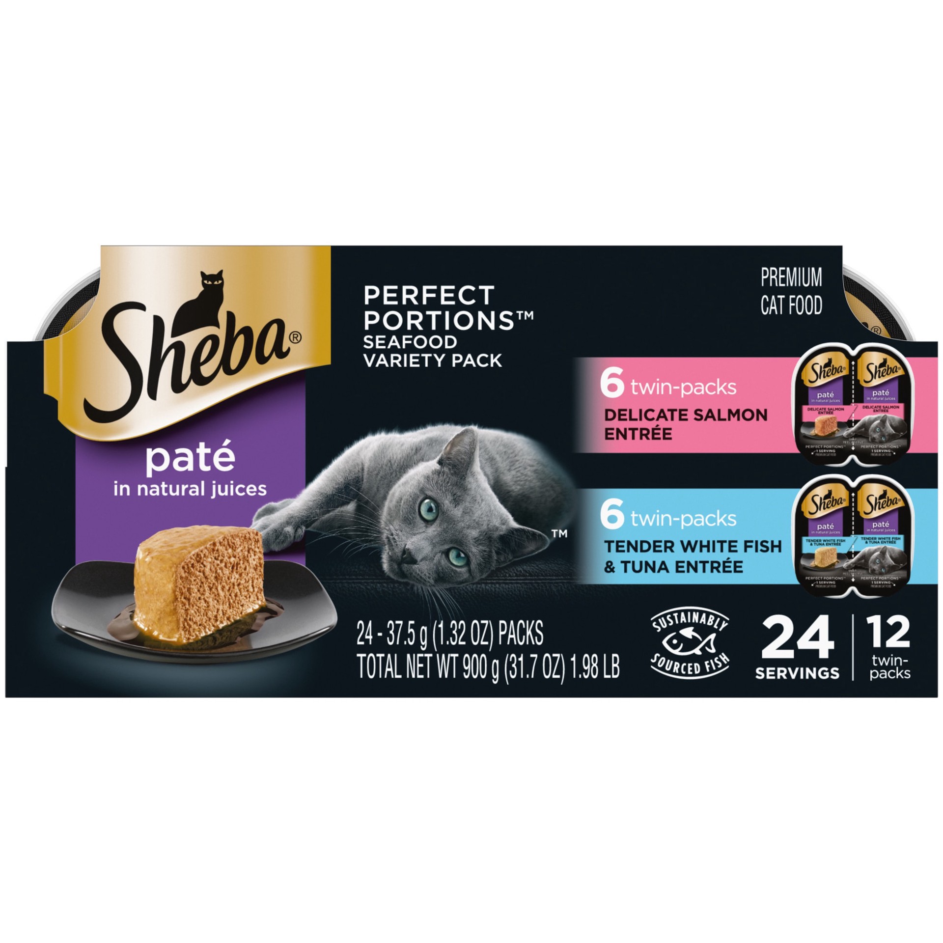 slide 1 of 3, Sheba Perfect Portions Pate in Natural Juices with Sustainable Salmon/Tender White Fish & Tuna Entree Cat Food Seafood Variety Pack 24 - 37.5 g Packs, 2.6 oz