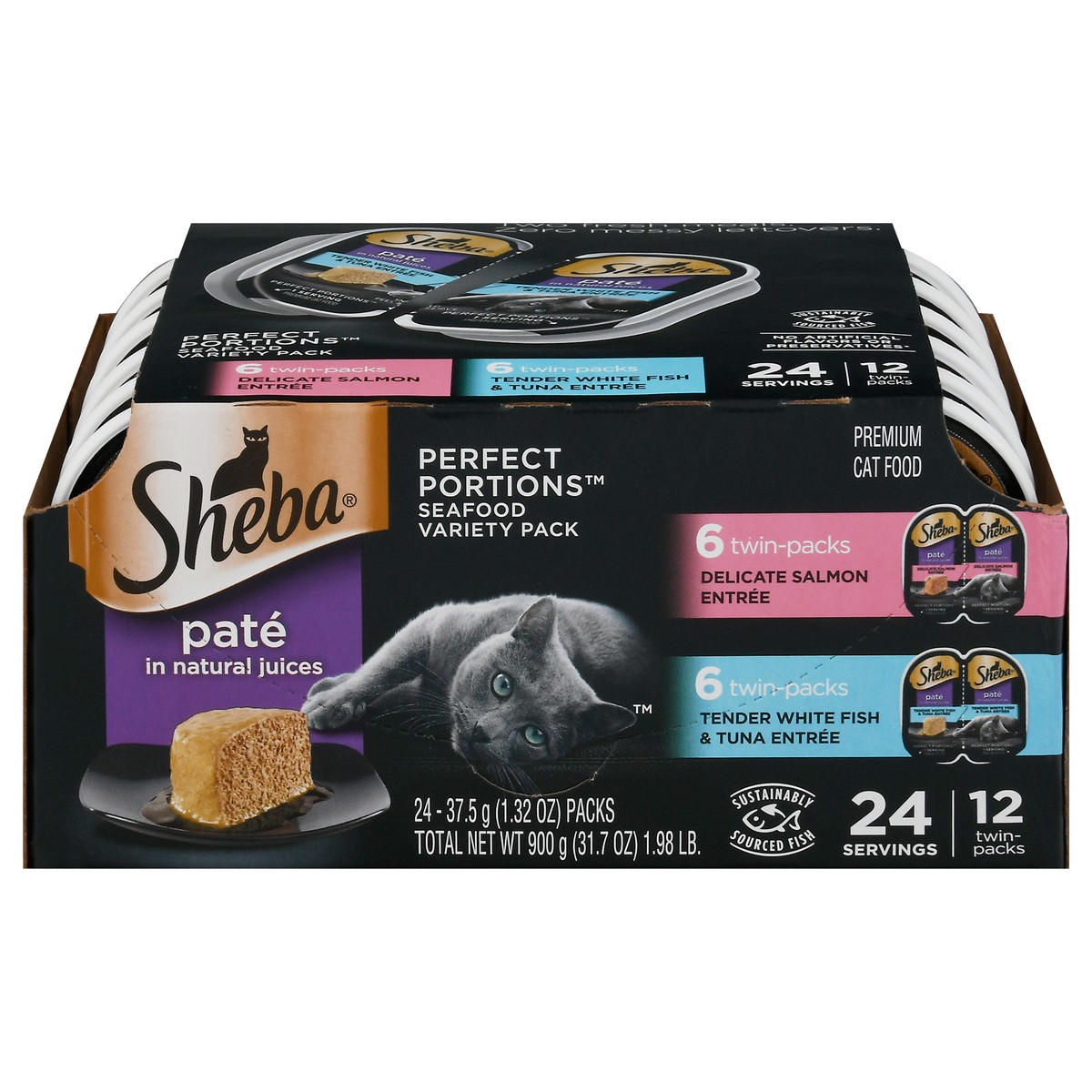 slide 1 of 1, SHEBA Wet Cat Food Pate Variety Pack, Delicate Salmon and Tender Whitefish & Tuna Entrees, (12) PERFECT PORTIONS Twin Pack Trays, 2.6 oz