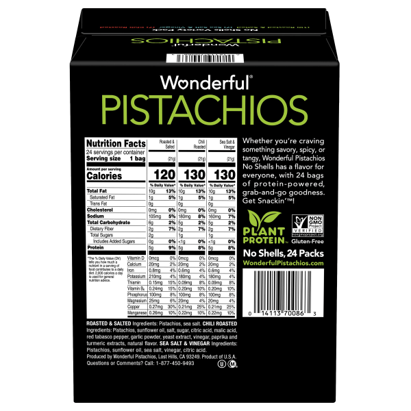 slide 4 of 7, Wonderful Pistachios No Shells Variety Pack, 0.75 Oz, Case Of 24 Packs, 1 ct