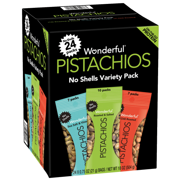 slide 1 of 7, Wonderful Pistachios No Shells Variety Pack, 0.75 Oz, Case Of 24 Packs, 1 ct