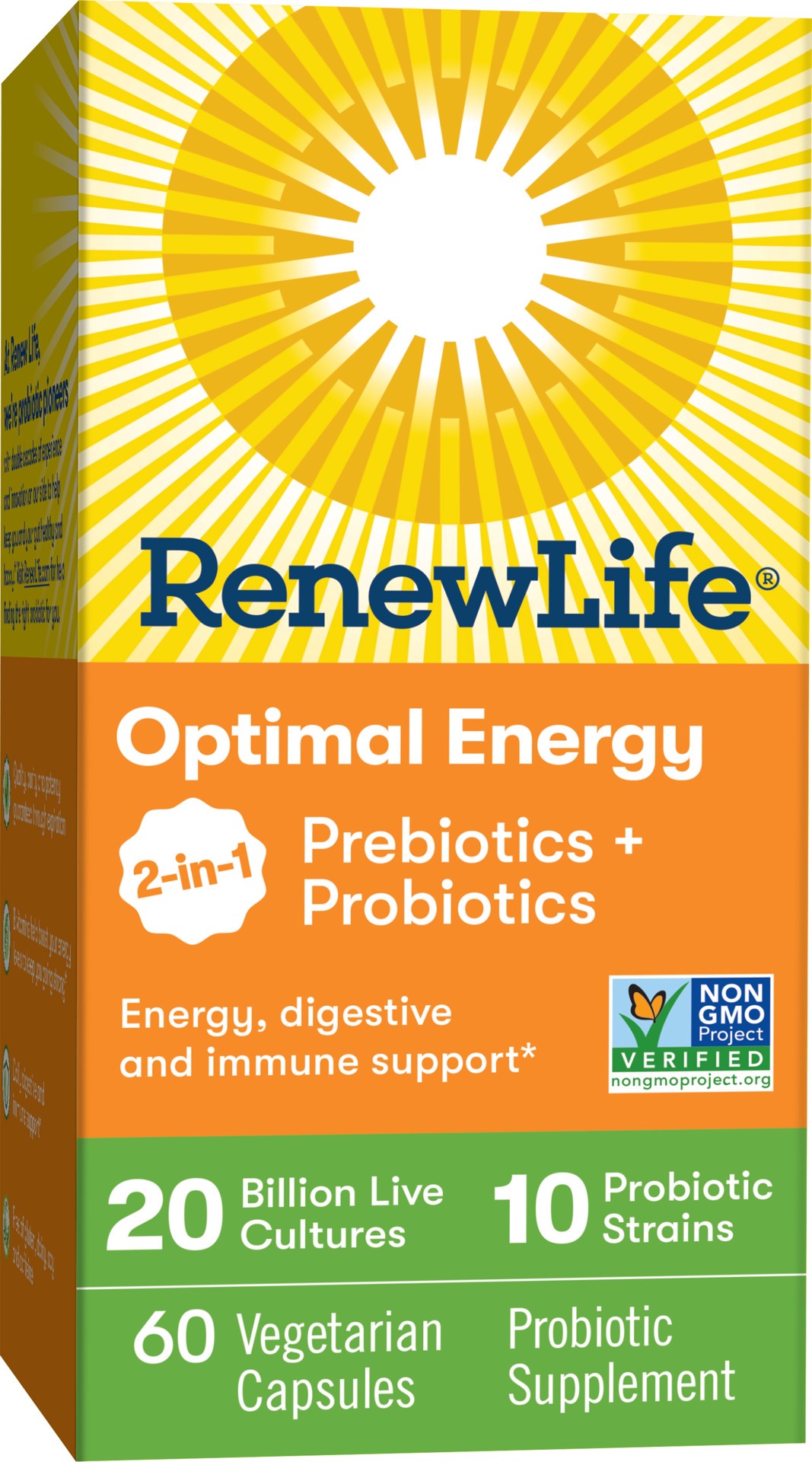 slide 5 of 5, Renew Life Optimal Energy with B Vitamins*, Prebiotics & Probiotics, 3-in-1 Support, 20 Billion CFU Per Serving, 10 Diverse Strains, Probiotic Supplement, Non-GMO Project Verified, 60 Veg. Caps, 60 ct