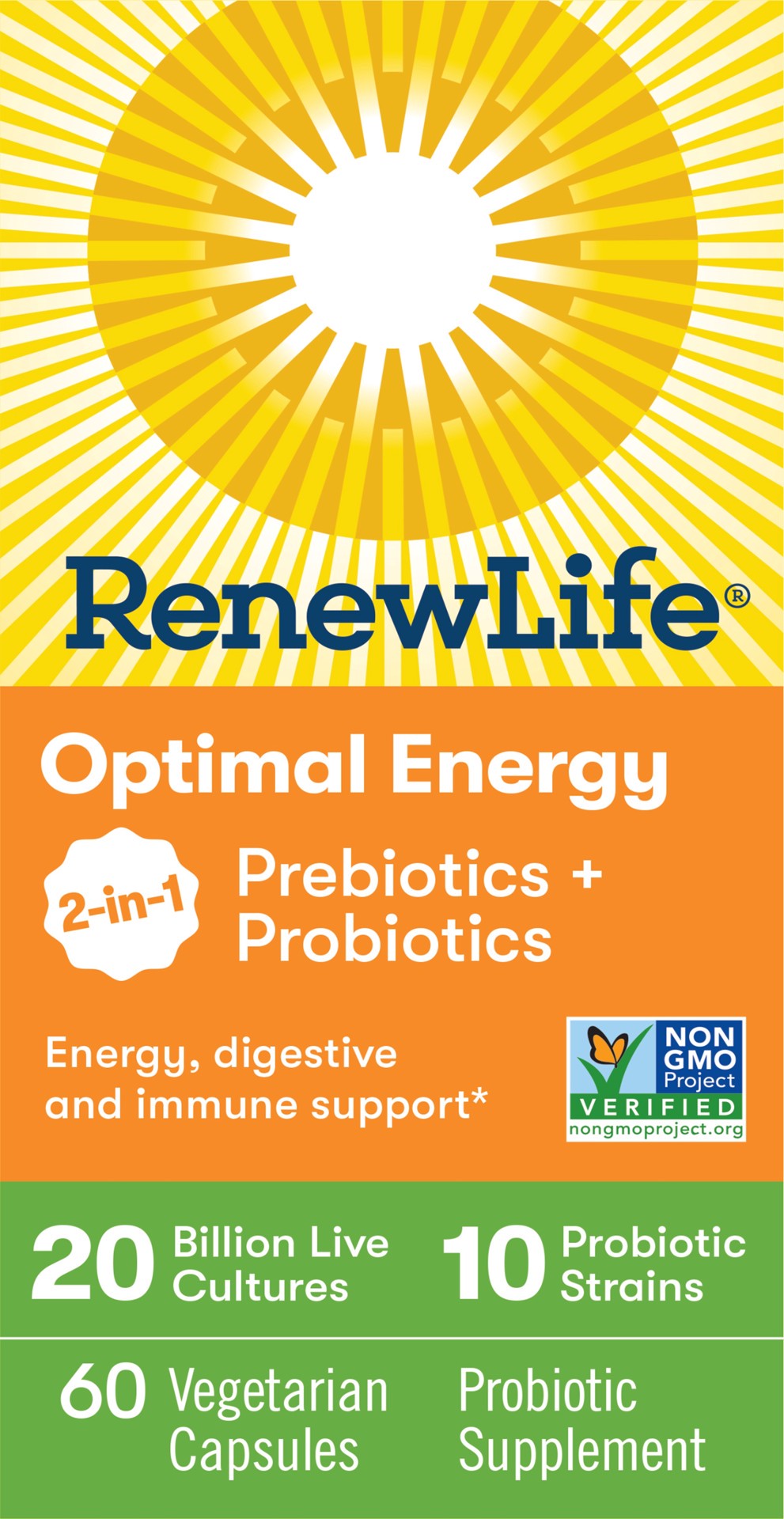 slide 1 of 5, Renew Life Optimal Energy with B Vitamins*, Prebiotics & Probiotics, 3-in-1 Support, 20 Billion CFU Per Serving, 10 Diverse Strains, Probiotic Supplement, Non-GMO Project Verified, 60 Veg. Caps, 60 ct