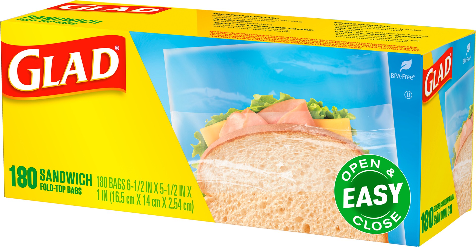 slide 4 of 5, Glad Fold Top Food Storage Plastic Bags - Sandwich - 180 Count, 180 cnt
