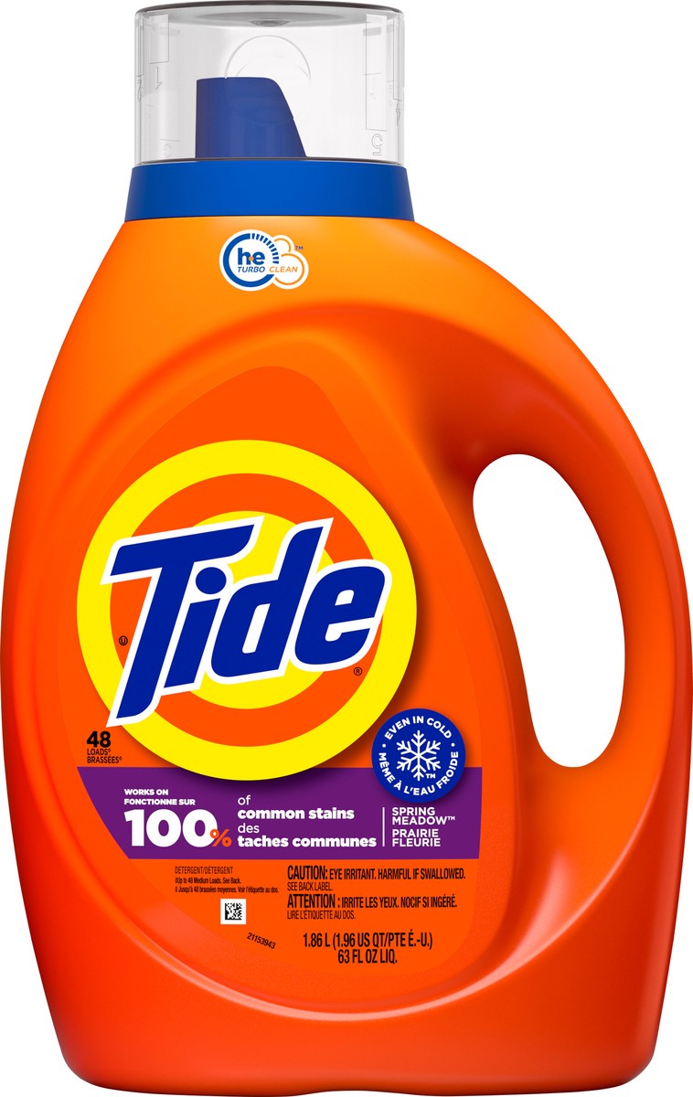 slide 8 of 8, Tide Laundry Detergent Liquid, Spring Meadow Scent, 48 Loads, 63 fl oz, Works on 100% of Common Stains, 63 fl oz