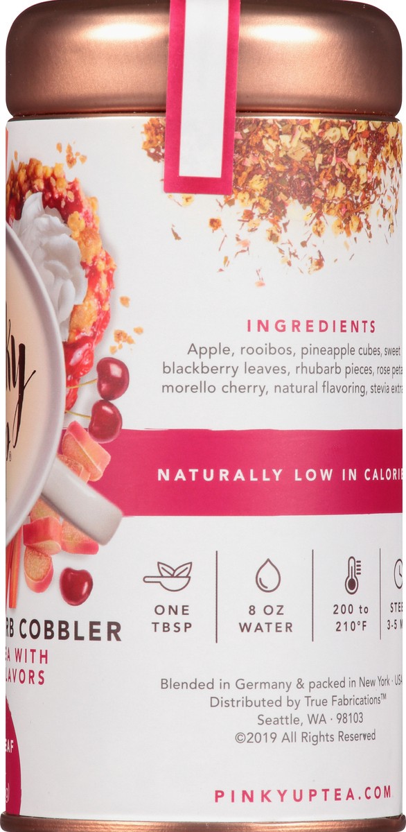 slide 3 of 12, Pinky Up Cherry Rhubarb Cobbler Loose Leaf Tea | Rooibos Tea, Caffeine Free, Naturally Low Calorie & Gluten Free | 3.0 Ounce Tin, 25 Servings, 1 ct