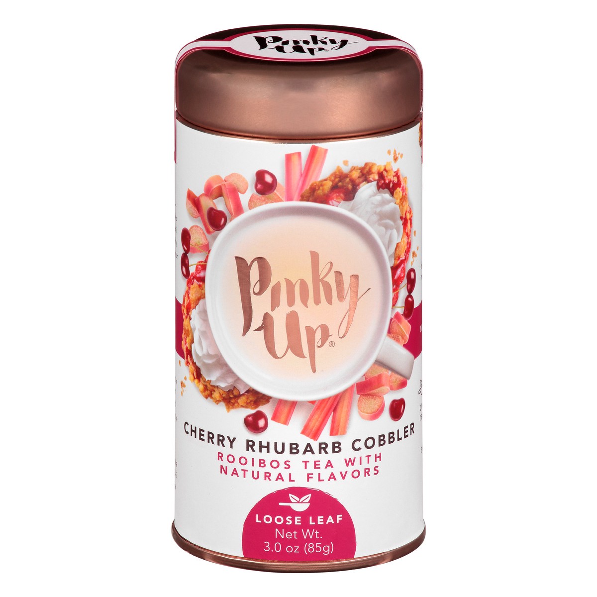 slide 4 of 12, Pinky Up Cherry Rhubarb Cobbler Loose Leaf Tea | Rooibos Tea, Caffeine Free, Naturally Low Calorie & Gluten Free | 3.0 Ounce Tin, 25 Servings, 1 ct