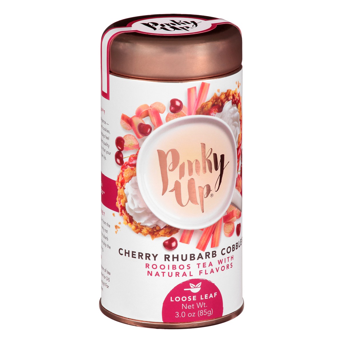 slide 10 of 12, Pinky Up Cherry Rhubarb Cobbler Loose Leaf Tea | Rooibos Tea, Caffeine Free, Naturally Low Calorie & Gluten Free | 3.0 Ounce Tin, 25 Servings, 1 ct