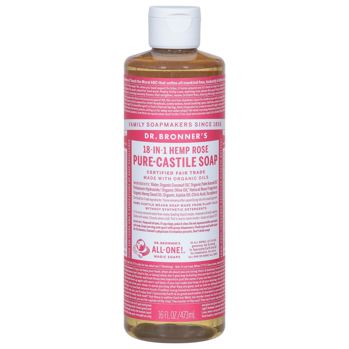 slide 1 of 12, Dr. Bronner's 18-in-1 Hemp Rose Pure-Castile Soap 16 fl oz, 16 fl oz