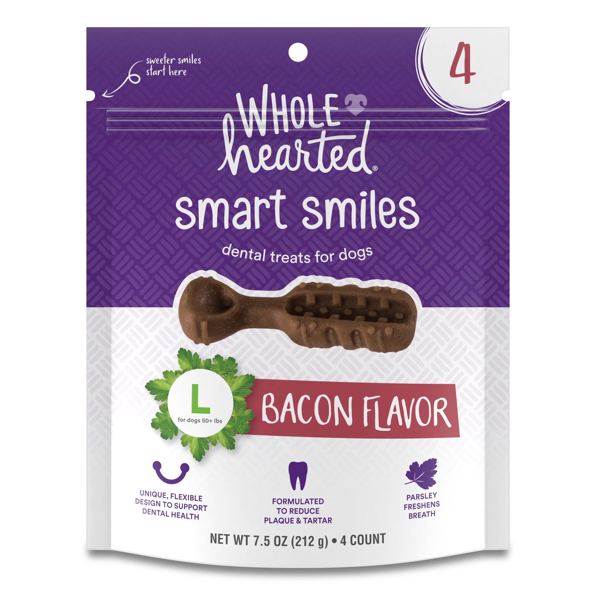 slide 1 of 1, Wholehearted Smart Smiles Bacon Flavor Large Dog Dental Treats, 7.5 oz