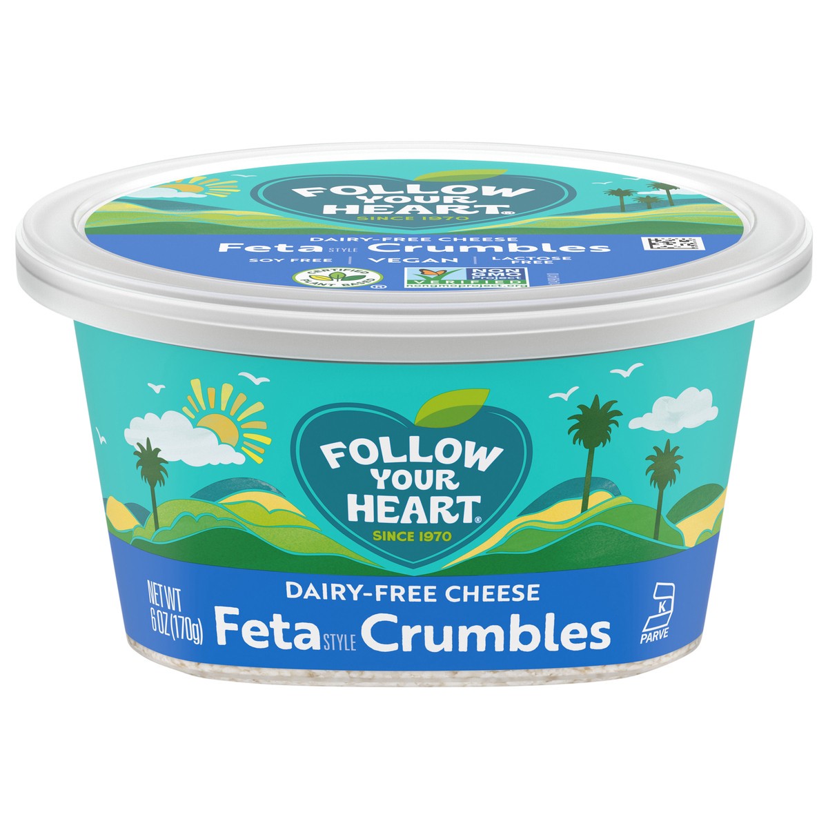 slide 1 of 6, Follow Your Heart Dairy Free Vegan Feta Style Crumbles Cheese, 6 OZ Tub, 6 oz