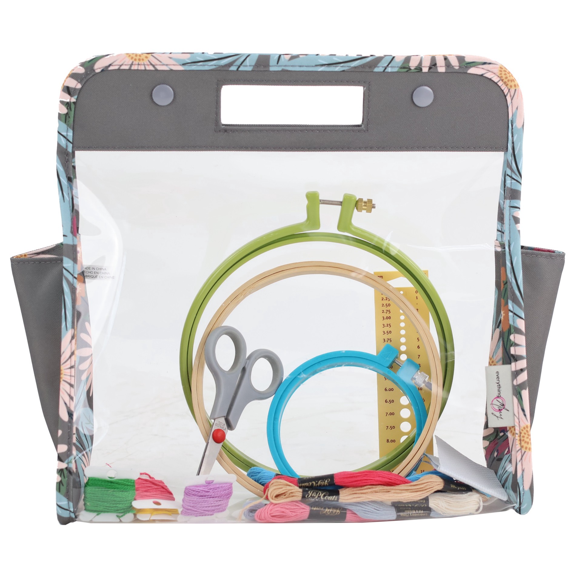 slide 3 of 3, Everything Mary Daisy Floral Print Clear Knitting Caddy & Project Bag, 12 in x 4.5 in x 12 in