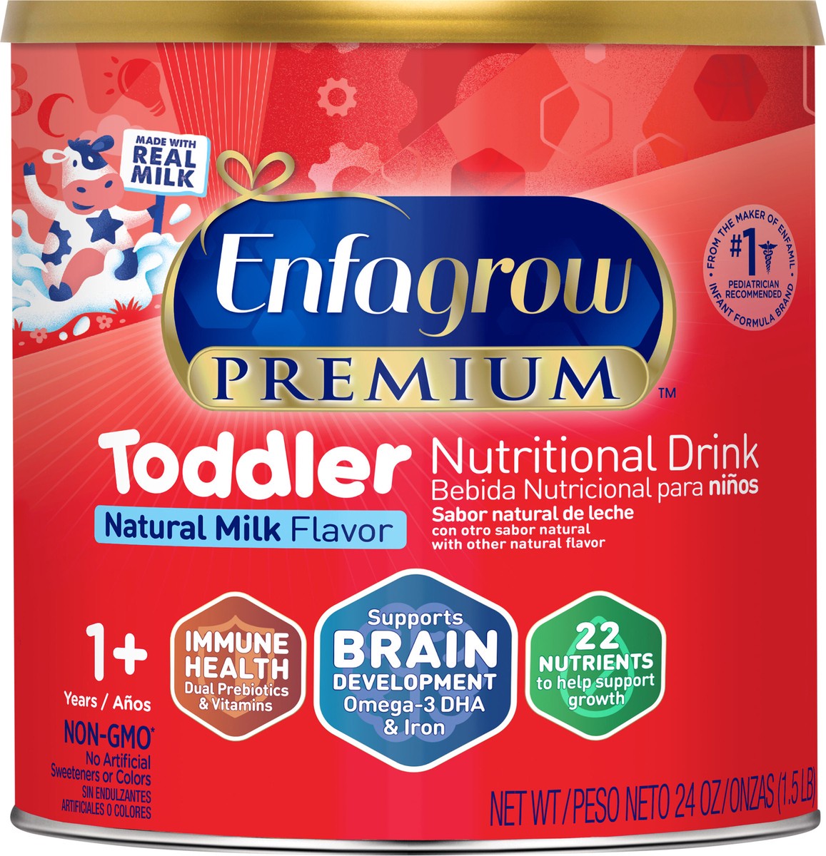 slide 3 of 3, Enfagrow PREMIUM Toddler Nutritional Drink, Omega-3 DHA for Brain Support, Prebiotics & Vitamins for Immune Health, Non-GMO, Powder Can, 24 Oz, 24 oz