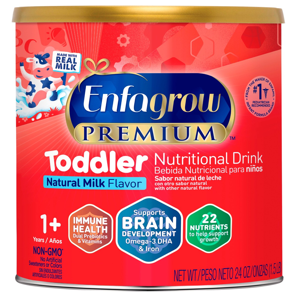 slide 1 of 3, Enfagrow PREMIUM Toddler Nutritional Drink, Omega-3 DHA for Brain Support, Prebiotics & Vitamins for Immune Health, Non-GMO, Powder Can, 24 Oz, 24 oz