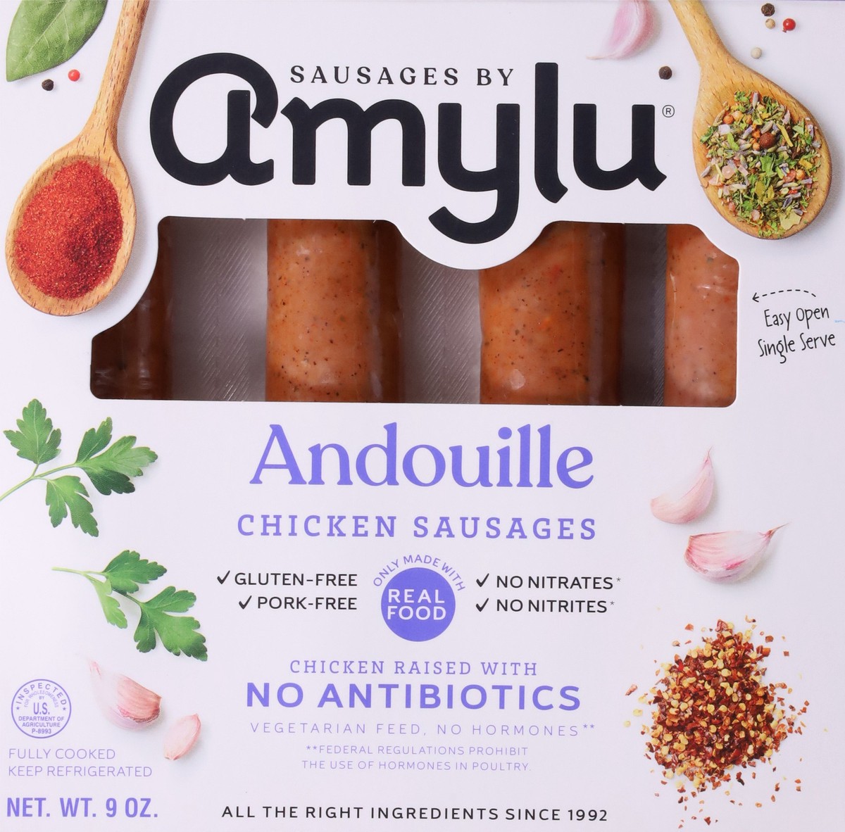 slide 8 of 14, Amylu Foods Andouille Chicken Sausages 9 oz, 9 oz