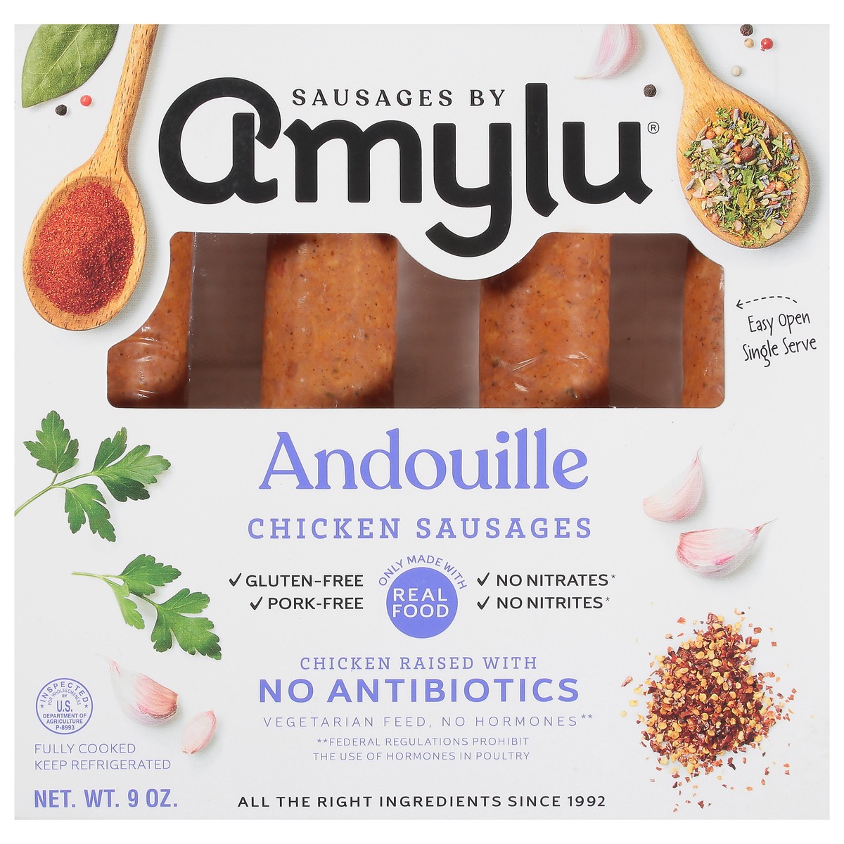 slide 1 of 14, Amylu Foods Andouille Chicken Sausages 9 oz, 9 oz