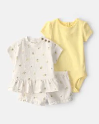 Carter's Baby Girl 3-Piece Lemon Top, Bodysuit & Short Set - Yellow/Ivory - 12M