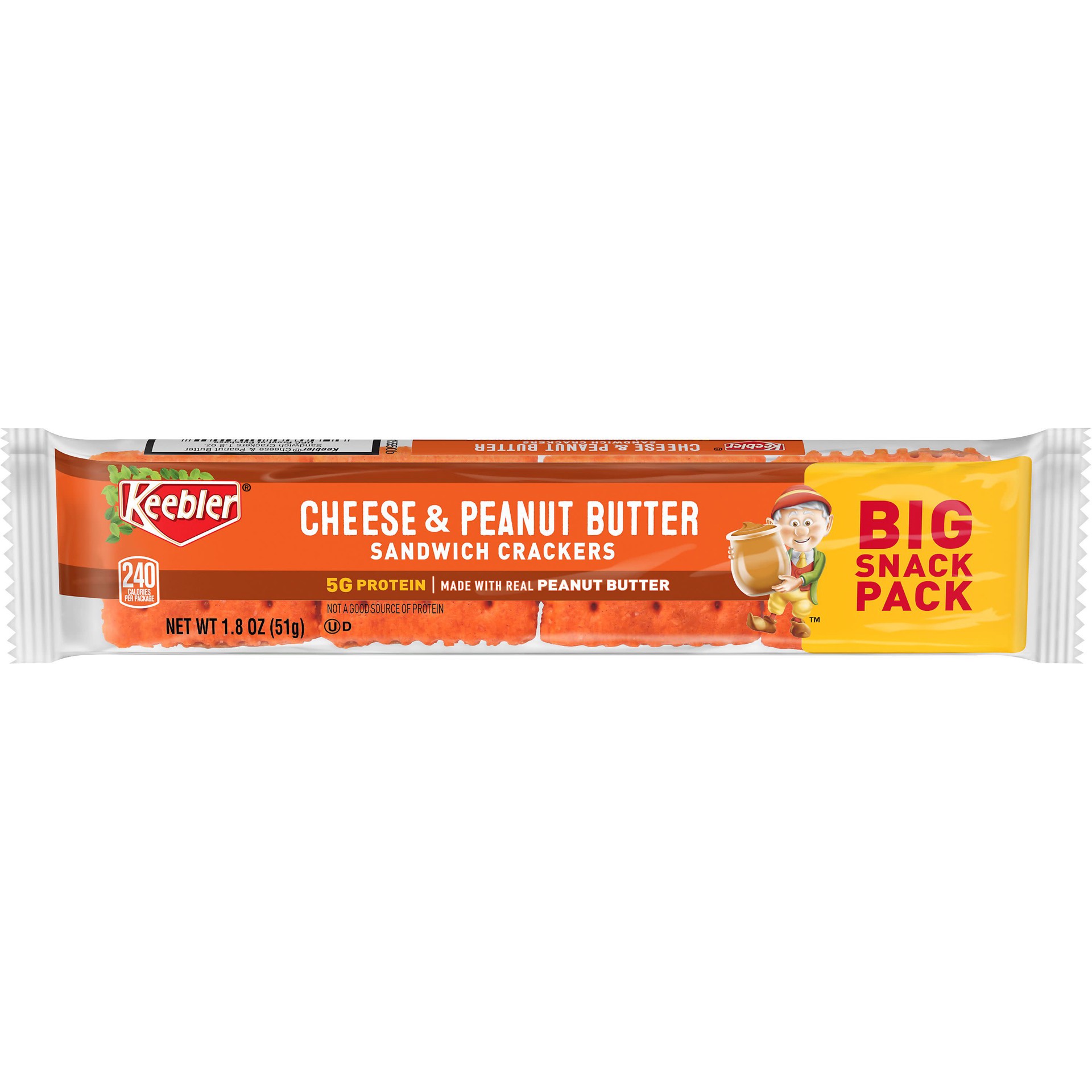 slide 1 of 3, Keebler Sandwich Crackers, Single Serve Snack Crackers, Office and Kids Snacks, Big Snack Pack, Cheese and Peanut Butter, 1.8oz Pack, 1 Pack, 1.8 oz