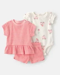 Carter's Baby Girl 3-Piece Ice Cream Truck Short-Sleeve Top, Bodysuit & Short Set - Pink/Ivory, 9M