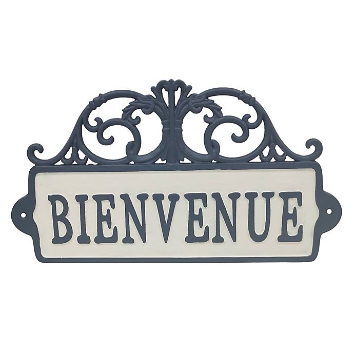 slide 1 of 1, Bee & Willow Home Bienvenue Cast Iron Wall Sign - Blue/White, 1 ct