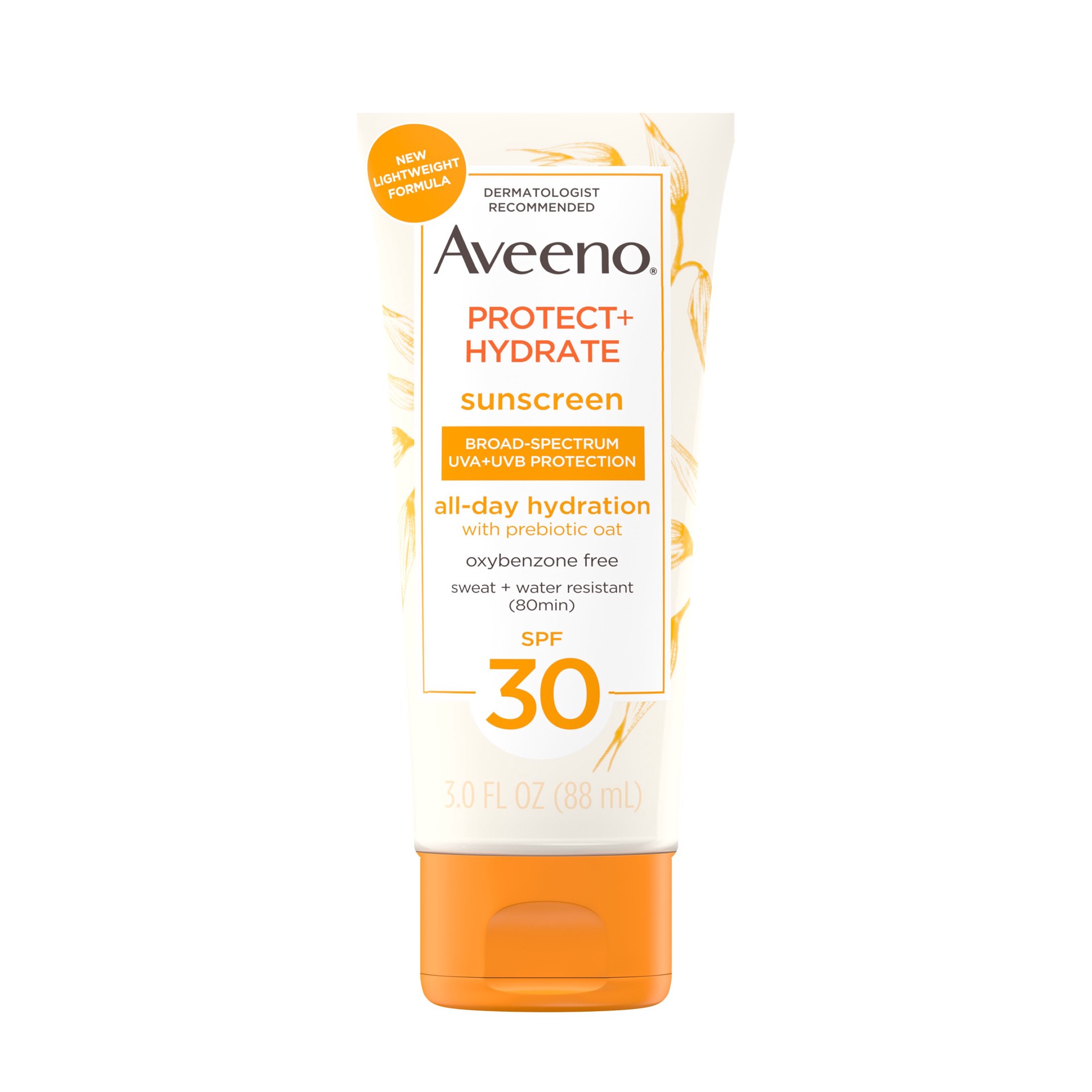 slide 1 of 1, Aveeno Protect + Hydrate Moisturizing Body Sunscreen Lotion with Broad Spectrum SPF 30 & Prebiotic Oat, Weightless & Refreshing Feel, Paraben-Free, Oil-Free, Oxybenzone-Free, 3.0 fl. oz, 3 oz