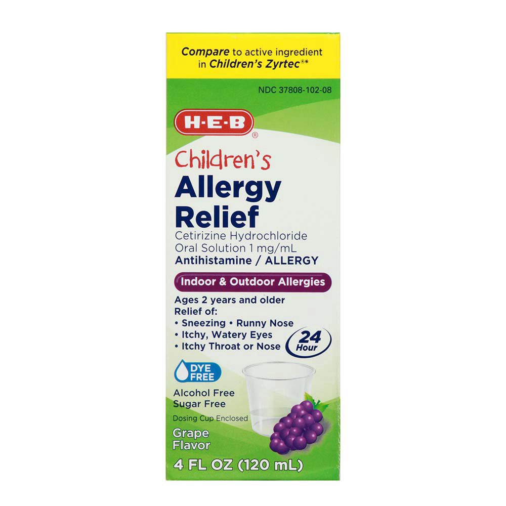 slide 1 of 1, H-E-B Children's Allergy Relief 24 Hour Cetirizine 1 mg For Ages 2 & Over Sugar Free Grape Syrup, 4 oz