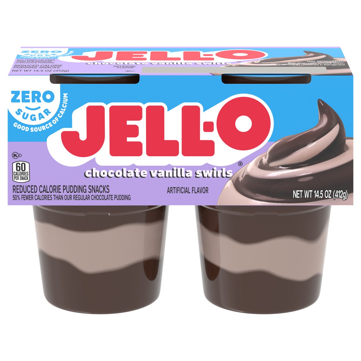 slide 1 of 9, Jell-O Chocolate Vanilla Swirls Artificially Flavored Zero Sugar Ready-to-Eat Pudding Snack Cups, 4 ct Cups, 14.5 oz