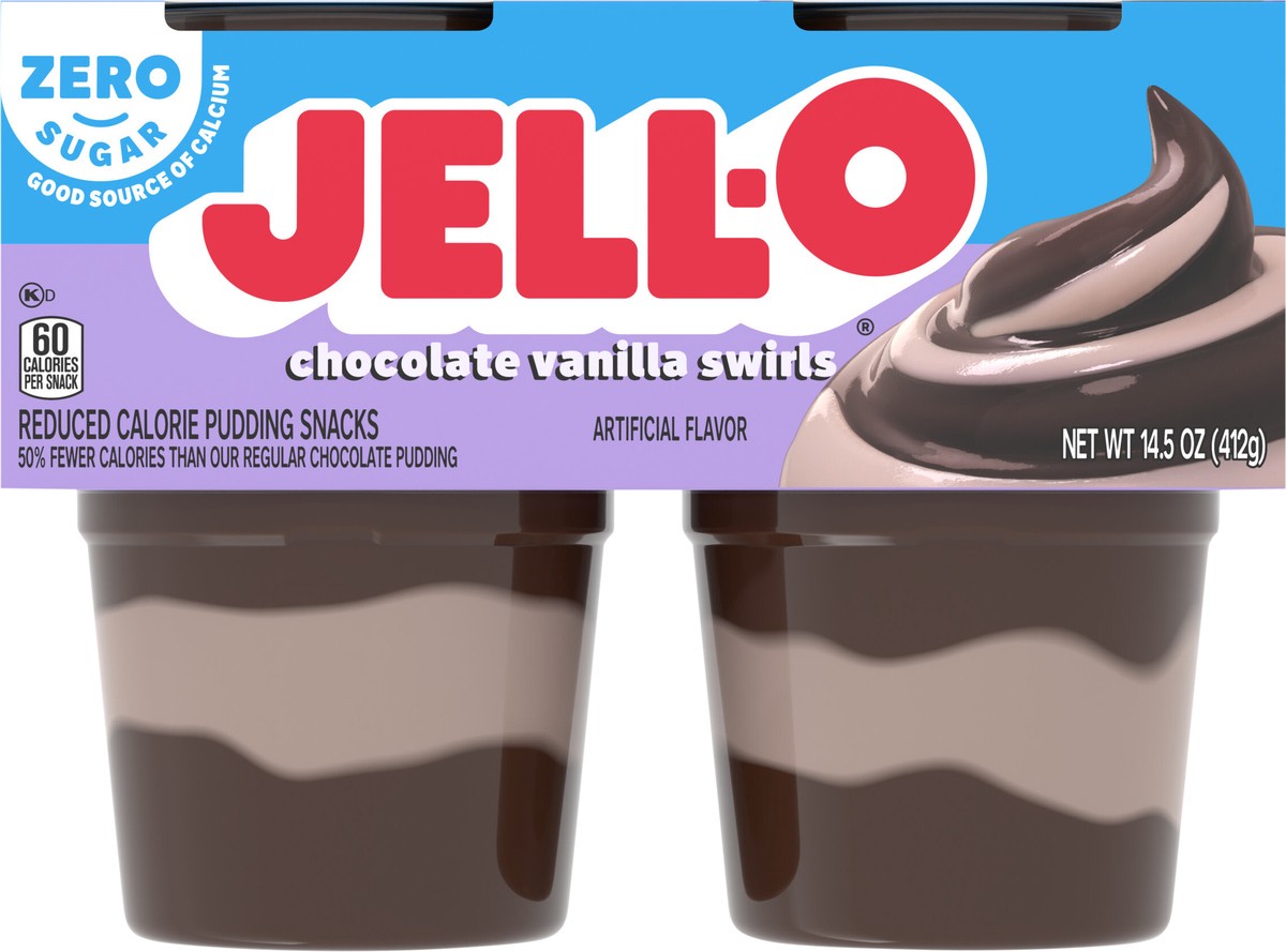 slide 7 of 9, Jell-O Chocolate Vanilla Swirls Artificially Flavored Zero Sugar Ready-to-Eat Pudding Snack Cups, 4 ct Cups, 4 ct
