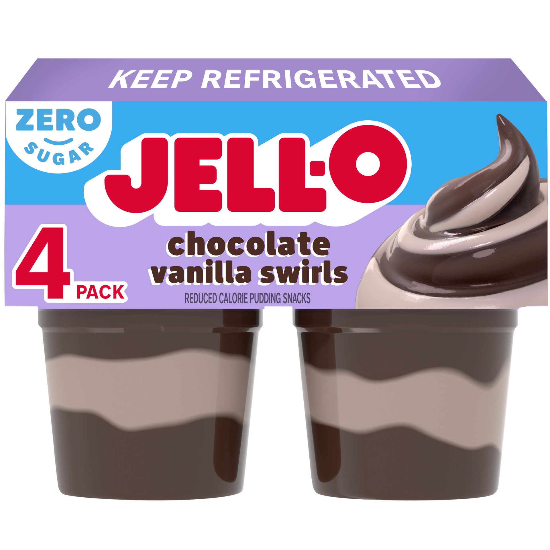 slide 1 of 9, Jell-O Chocolate Vanilla Swirls Artificially Flavored Zero Sugar Ready-to-Eat Pudding Snack Cups, 4 ct Cups, 4 ct