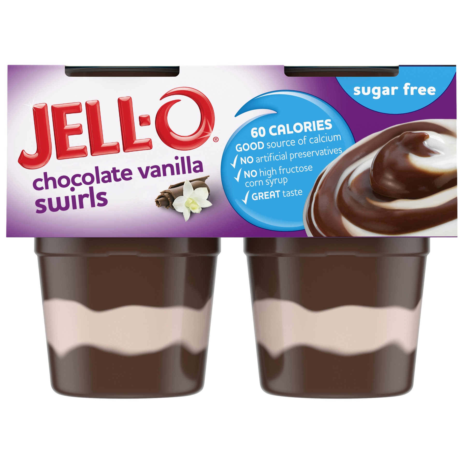 slide 1 of 6, Jell-O Chocolate Vanilla Swirls Sugar Free Ready-to-Eat Pudding Cups Snack Cups, 4 ct; 14.5 oz