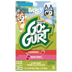 Go-GURT Bluey Kids Yogurt Variety Pack, Strawberry and Mixed Berry, Halloween Snacks, Gluten Free, Value Pack, 2 lbs (16 Tubes)