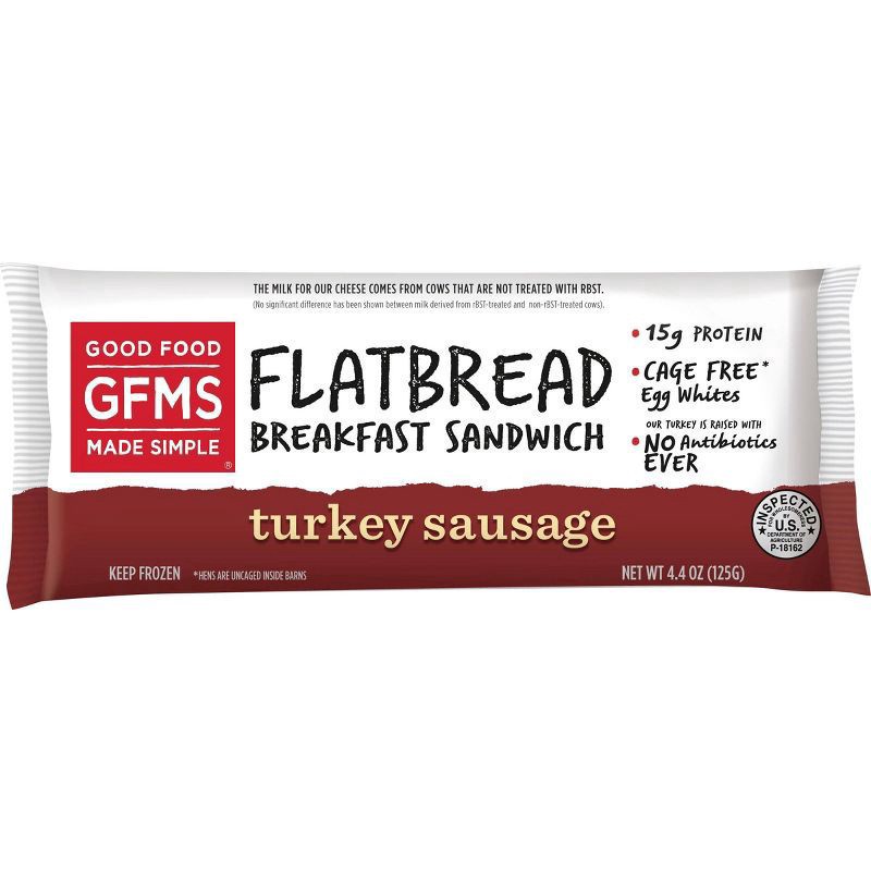 slide 1 of 5, Good Food Made Simple Frozen Turkey Sausage Flatbread Breakfast Sandwich - 4.4oz, 4.4 oz