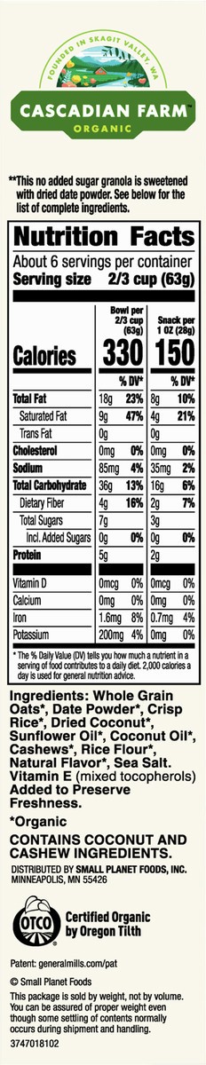 slide 4 of 9, Cascadian Farm Organic  Granola, No Added Sugar, Coconut Cashew 14 oz, 14 oz