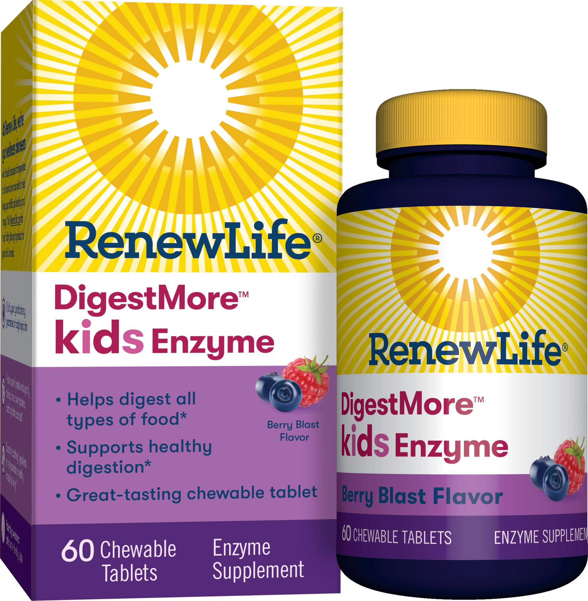 slide 1 of 1, Renew Life  Kids Digestive Plant-Based Enzyme Supplement - DigestMore™ Kids Enzyme, Berry Blast - 60 Chewable Tablets, 60 ct