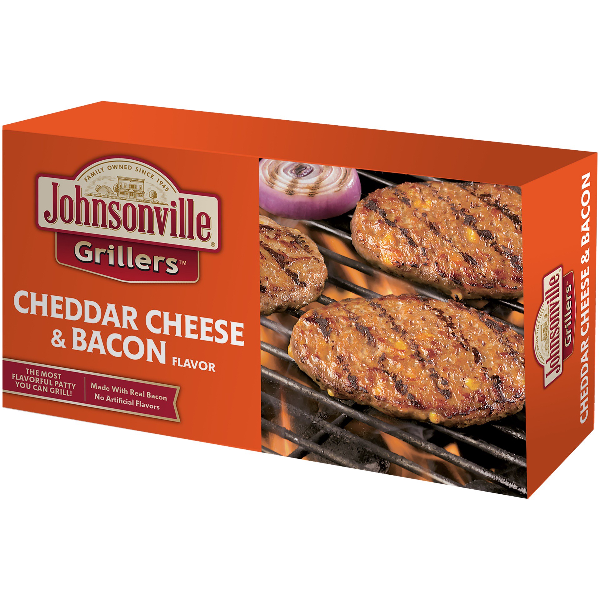 slide 4 of 4, Johnsonville Grillers Cheddar Bacon Brat Patties, 24 oz