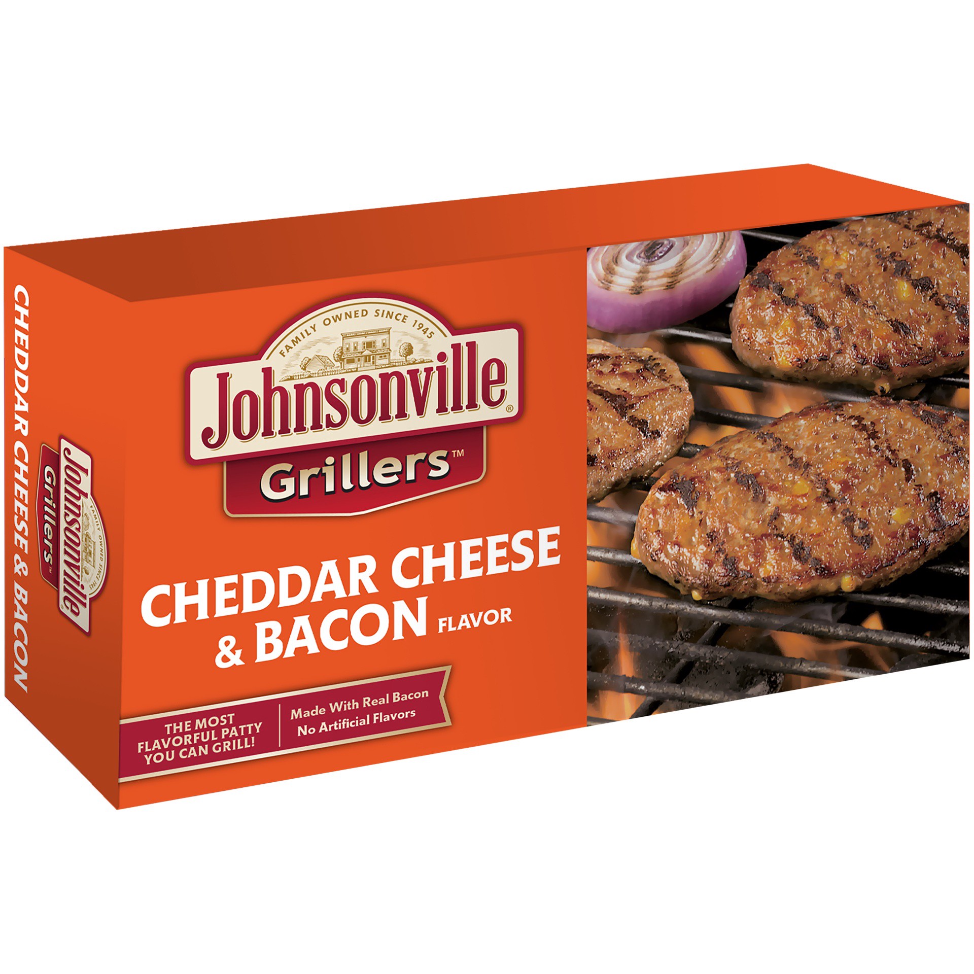 slide 3 of 4, Johnsonville Grillers Cheddar Bacon Brat Patties, 24 oz