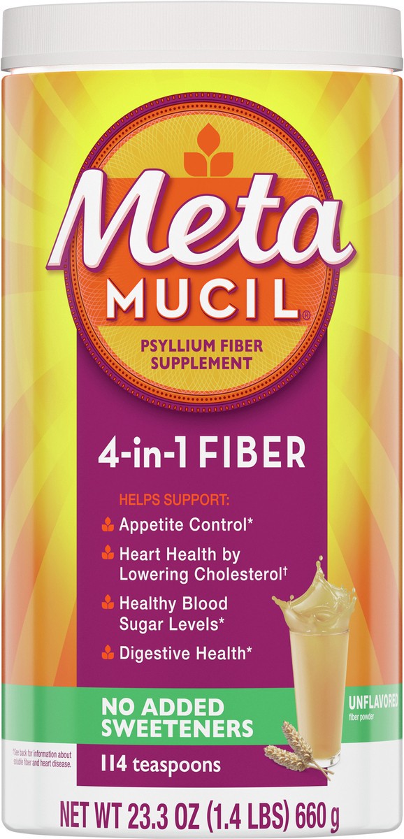 slide 2 of 2, Metamucil, Fiber Supplement, Natural Psyllium Husk Fiber, Plant Based, 4-in-1 Fiber for Digestive Health, No Sweeteners, 114 teaspoons (23.3 OZ Fiber Powder), 23.3 oz