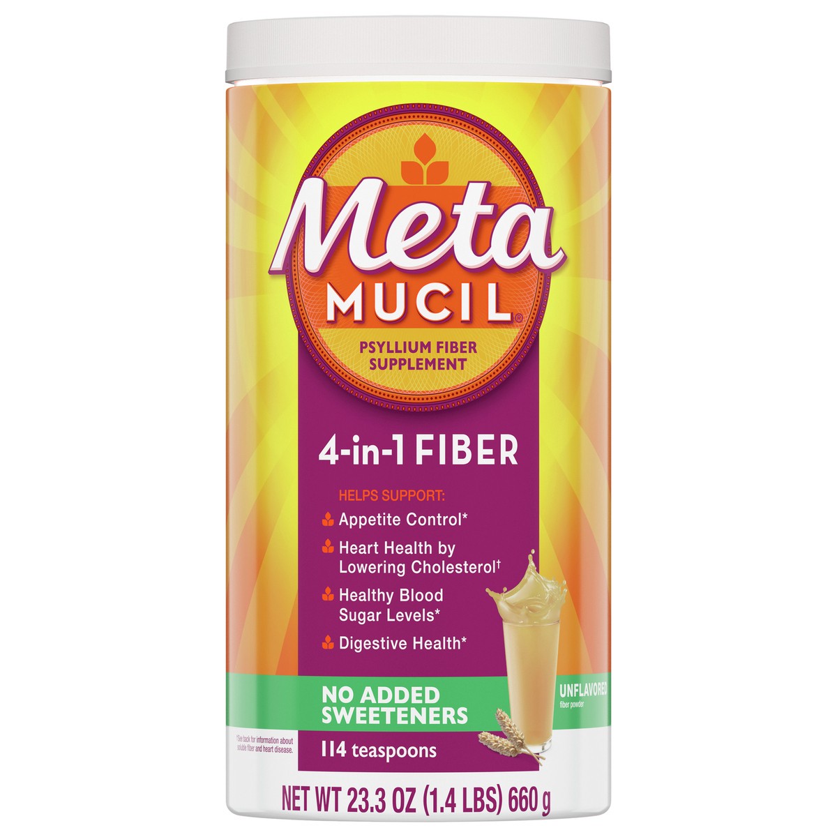 slide 1 of 2, Metamucil, Fiber Supplement, Natural Psyllium Husk Fiber, Plant Based, 4-in-1 Fiber for Digestive Health, No Sweeteners, 114 teaspoons (23.3 OZ Fiber Powder), 23.3 oz