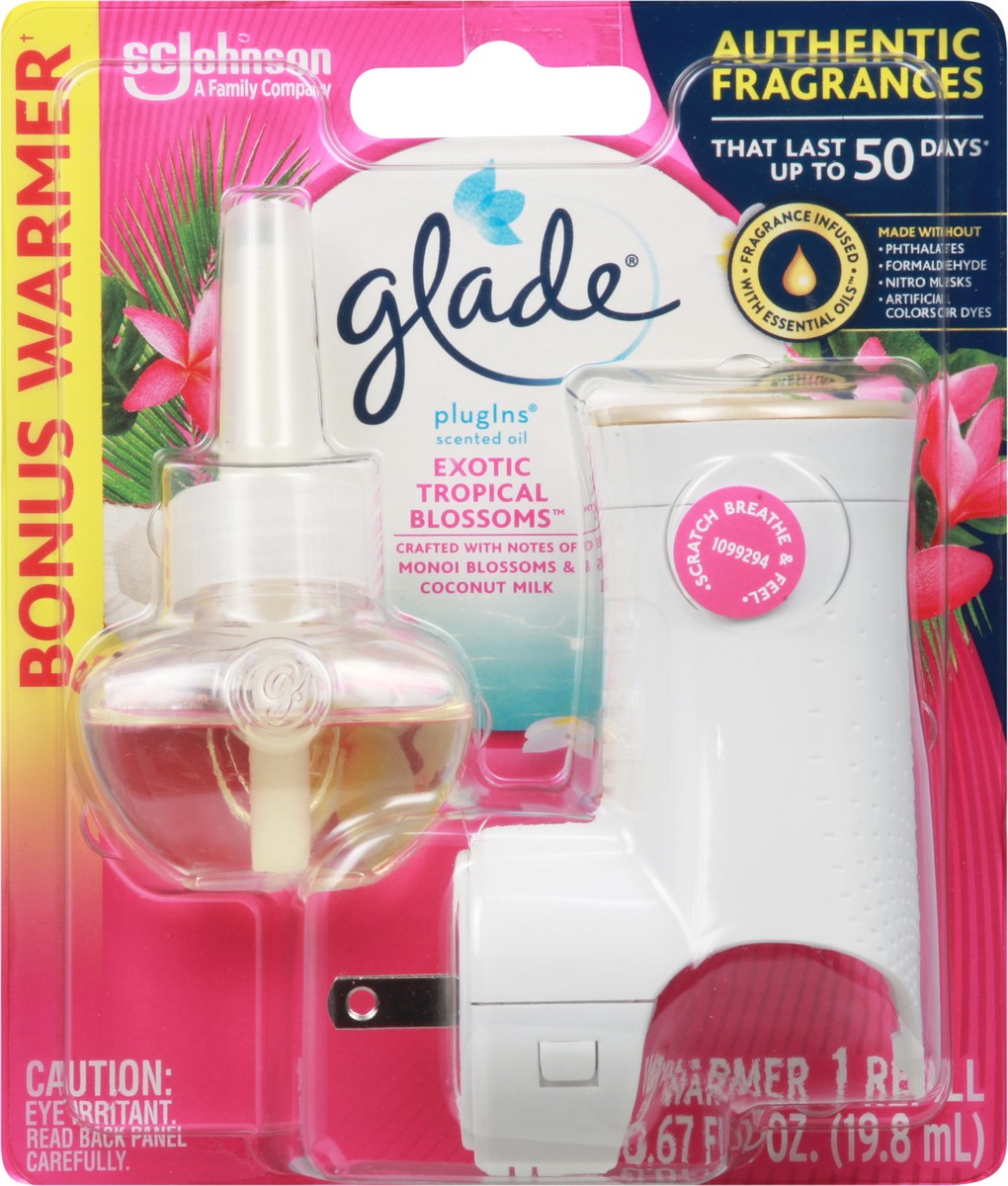 slide 7 of 10, Glade PlugIns Scented Oil Starter kit, Air Freshener, Exotic Tropical Blossoms, 1.34 oz, 0.67 fl oz