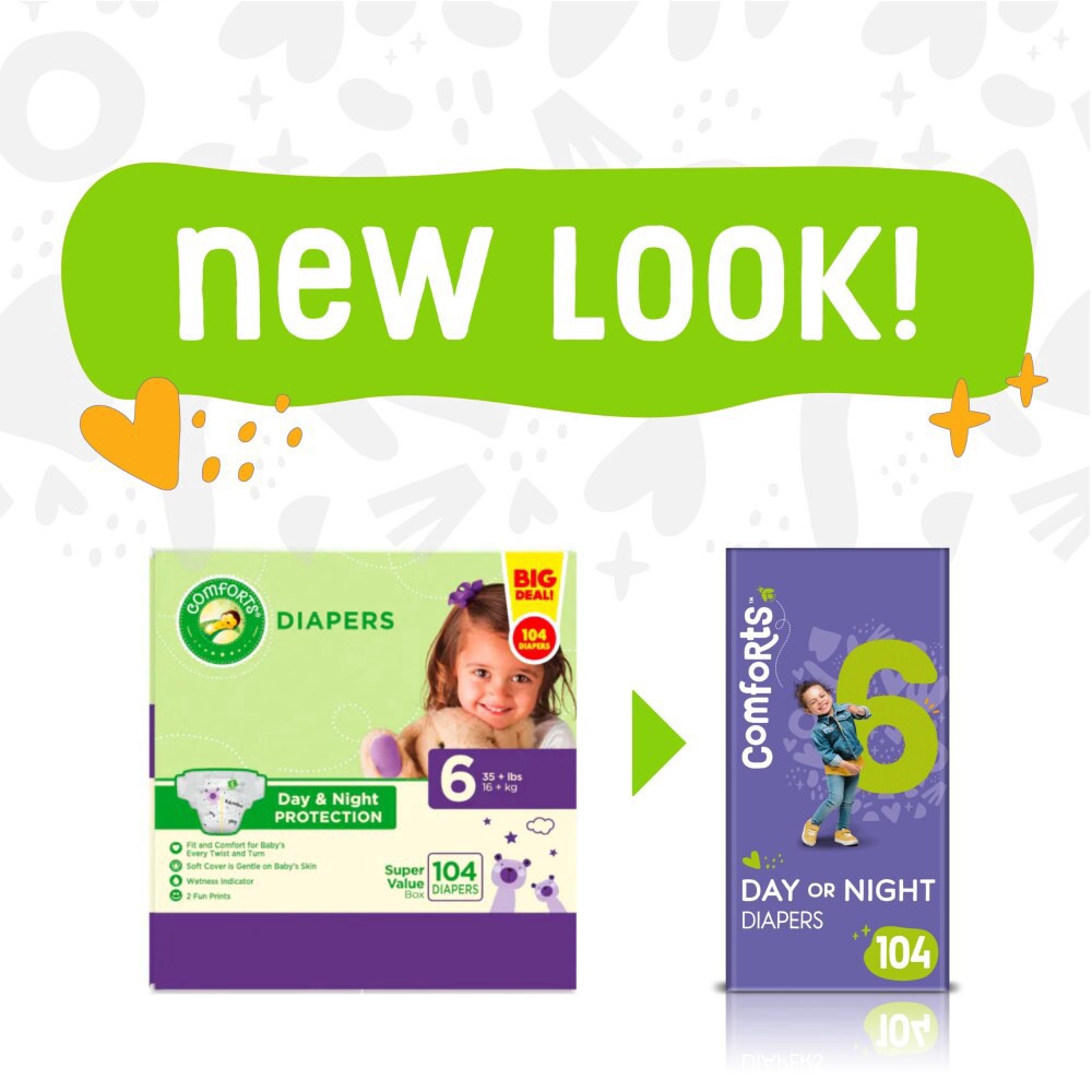 slide 6 of 6, Comforts Size 6 Day Or Night Diapers Super Value Box, 104 ct