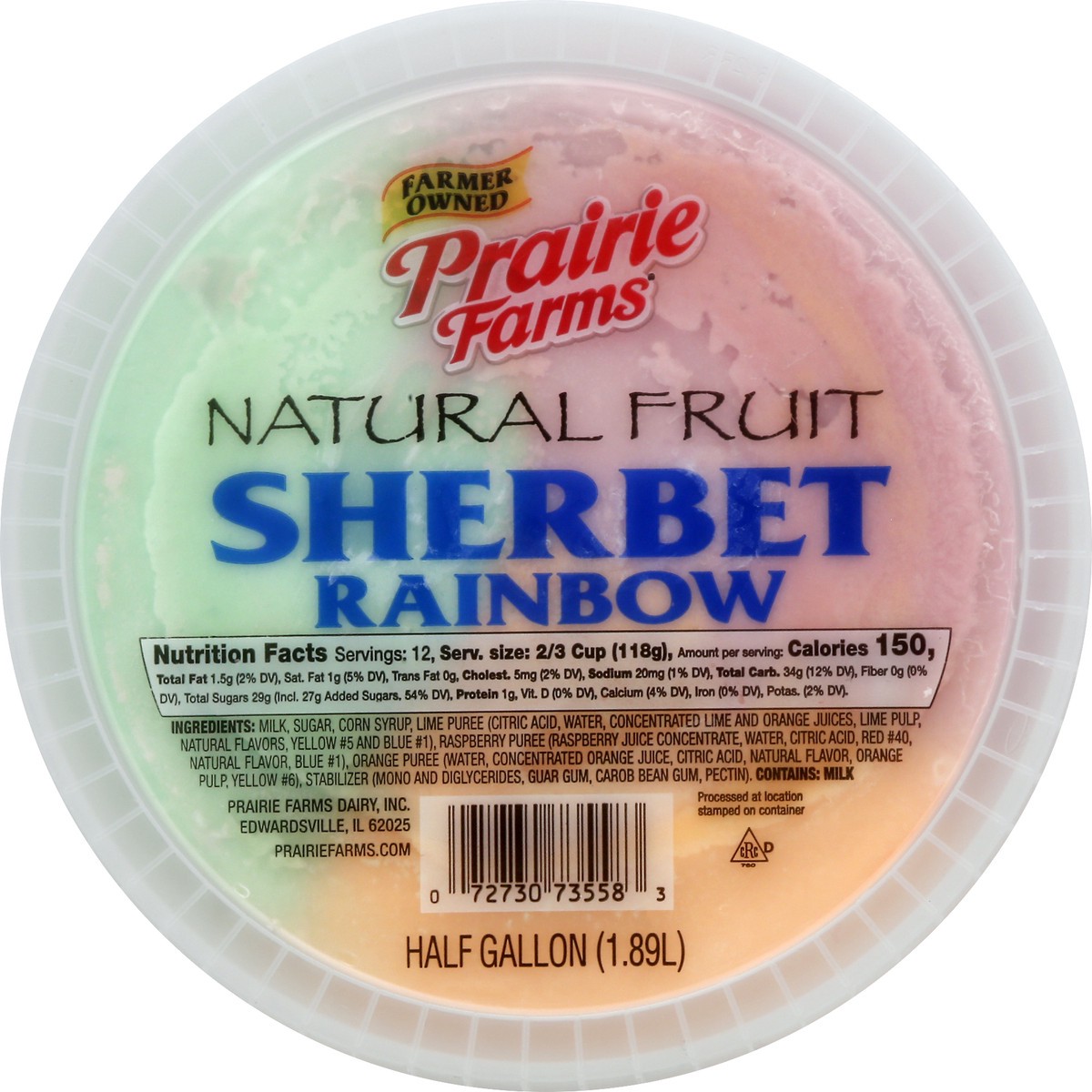 slide 13 of 13, Prairie Farms Natural Fruit Rainbow Sherbet 0.5 gl, 1/2 gal