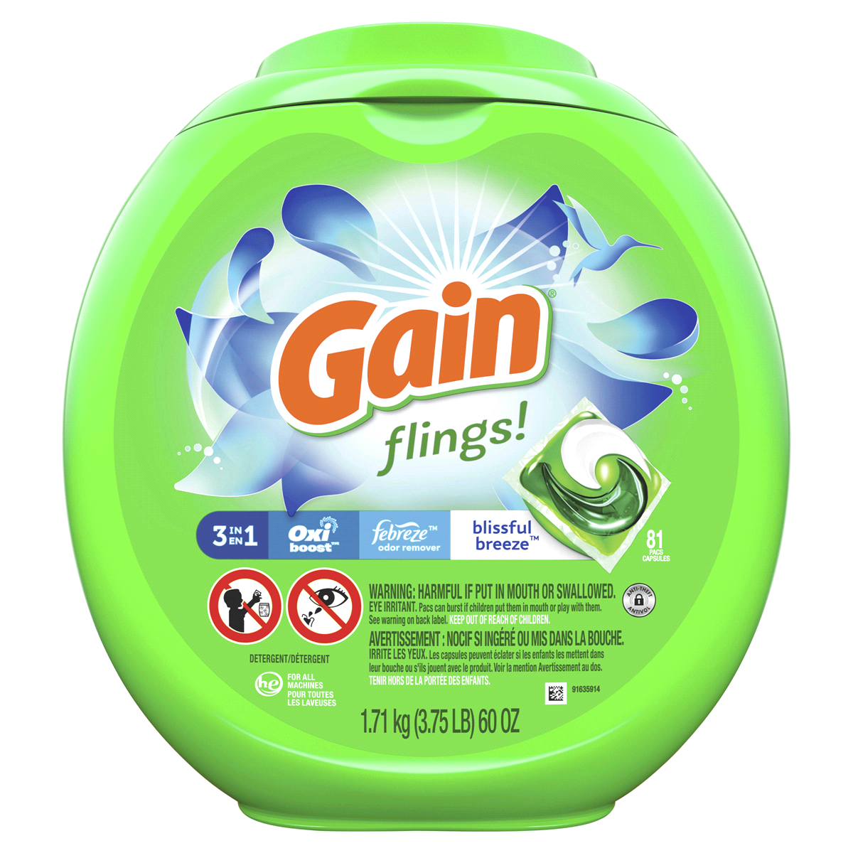 slide 1 of 2, Gain Flings! 3 in 1 Blissful Breeze HE Laundry Detergent Pacs, 81 ct