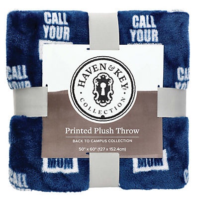 slide 1 of 1, Haven & Key Back To Campus Blue Call Your Mom Printed Plush Throw, 50 in x 60 in
