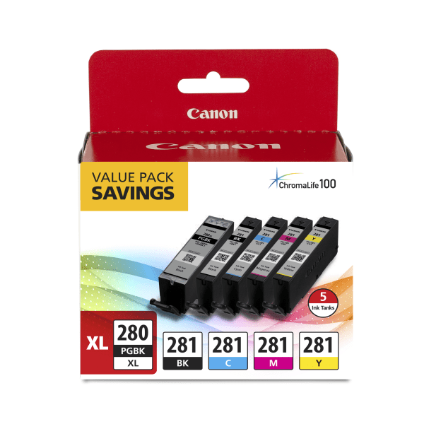 slide 1 of 1, Canon Pgi-280Xl/Cli-281 High-Yield Black/Cyan/Magenta/Yellow Ink Tanks, Pack Of 5, 5 ct