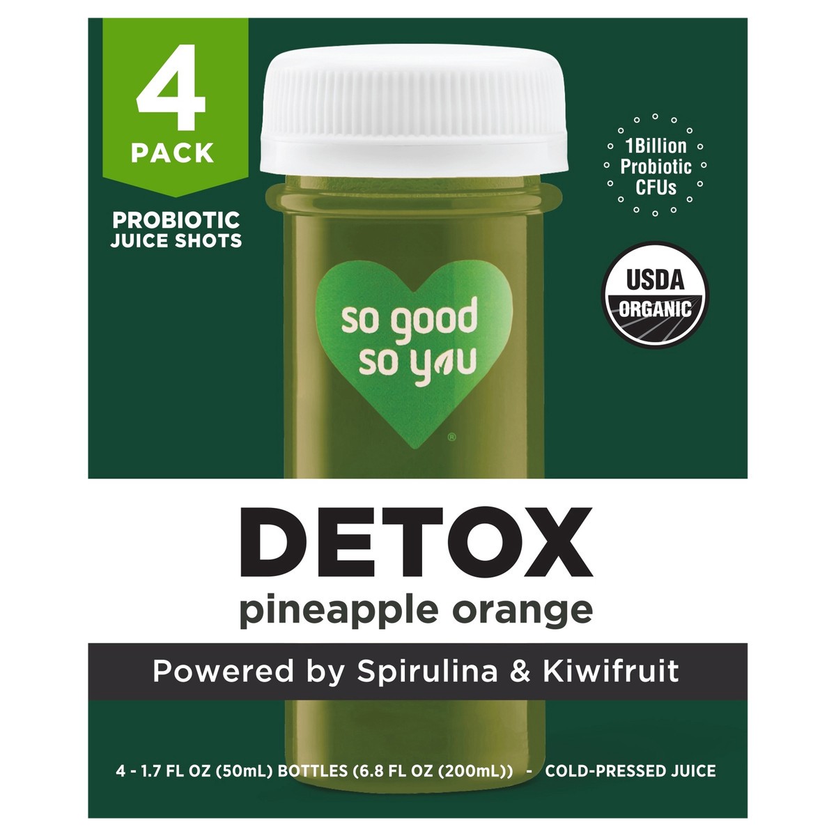 slide 1 of 21, So Good So You Detox Pineapple Orange Probiotic Juice Shots 4 - 1.7 fl oz Bottles, 4 ct, 1.7 fl oz